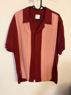Sandro Men's Maroon and Pink Colorblock Short Sleeve Button-Up Shirt